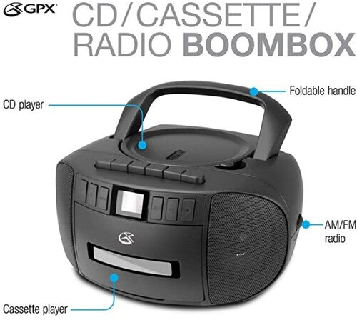 GPX GPX BCA209B Stereo Boombox With CD Player, Cassette Recorder, AM/FM Radio AC/DC - Includes AC Cable (Black) (Bluetooth)