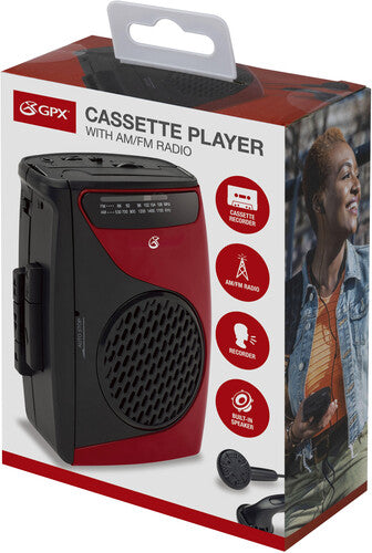 Jensen GPX CAS337 Portable Cassette Player with AM/FM Radio/Voice Record (Red, Black, Cassette Player)