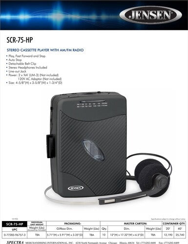 Jensen Jensen SCR-75-HP Classic Personal Cassette Player with AM FM Radio (Black)