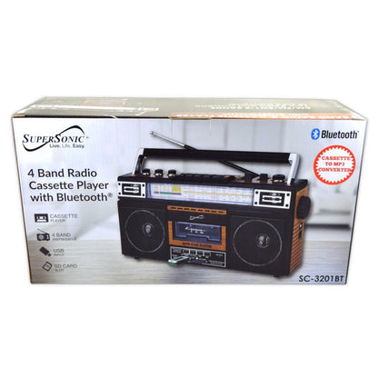 Supersonic Inc Supersonic SC-3201TBTWOD Bluetooth Retro 4 Band Radio Cassette USB Wood (Large Item, Bluetooth)