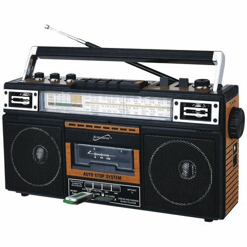Supersonic Inc Supersonic SC-3201TBTWOD Bluetooth Retro 4 Band Radio Cassette USB Wood (Large Item, Bluetooth)